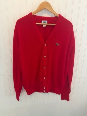 Vintage Izod Lacoste Red Cardigan Sweater Size L Acrylic USA Made Croc Logo